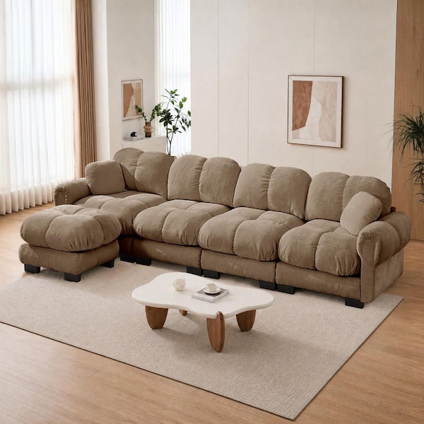 Kirby 131.5 in. Round Arms Chenille L-Shaped Sectional Sofa in Brown with Exquisite Pillows, Movable Ottoman