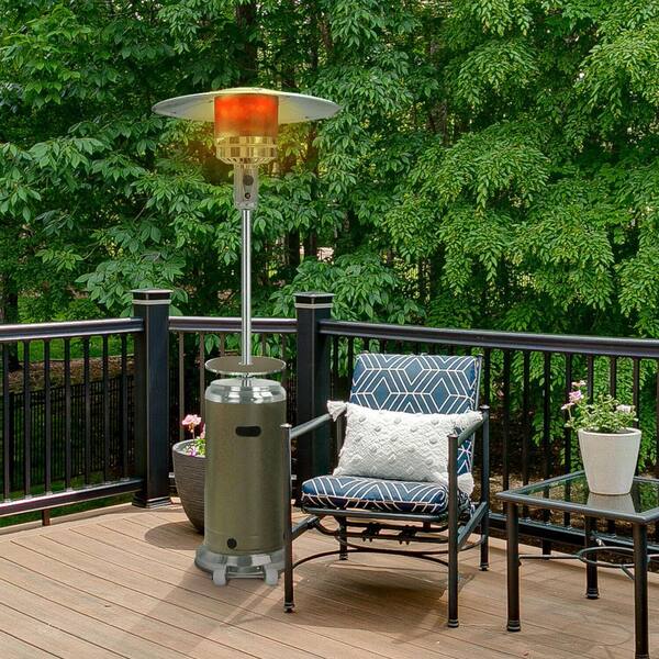 hanover steel umbrella patio heater SUNHEAT Portable Propane with Drink Table, Golden Hammered Add some style and much needed warmth to your outdoor space with this economic and safe patio heater from SUNHEAT. Hanover Ft Patio Heater Hanover