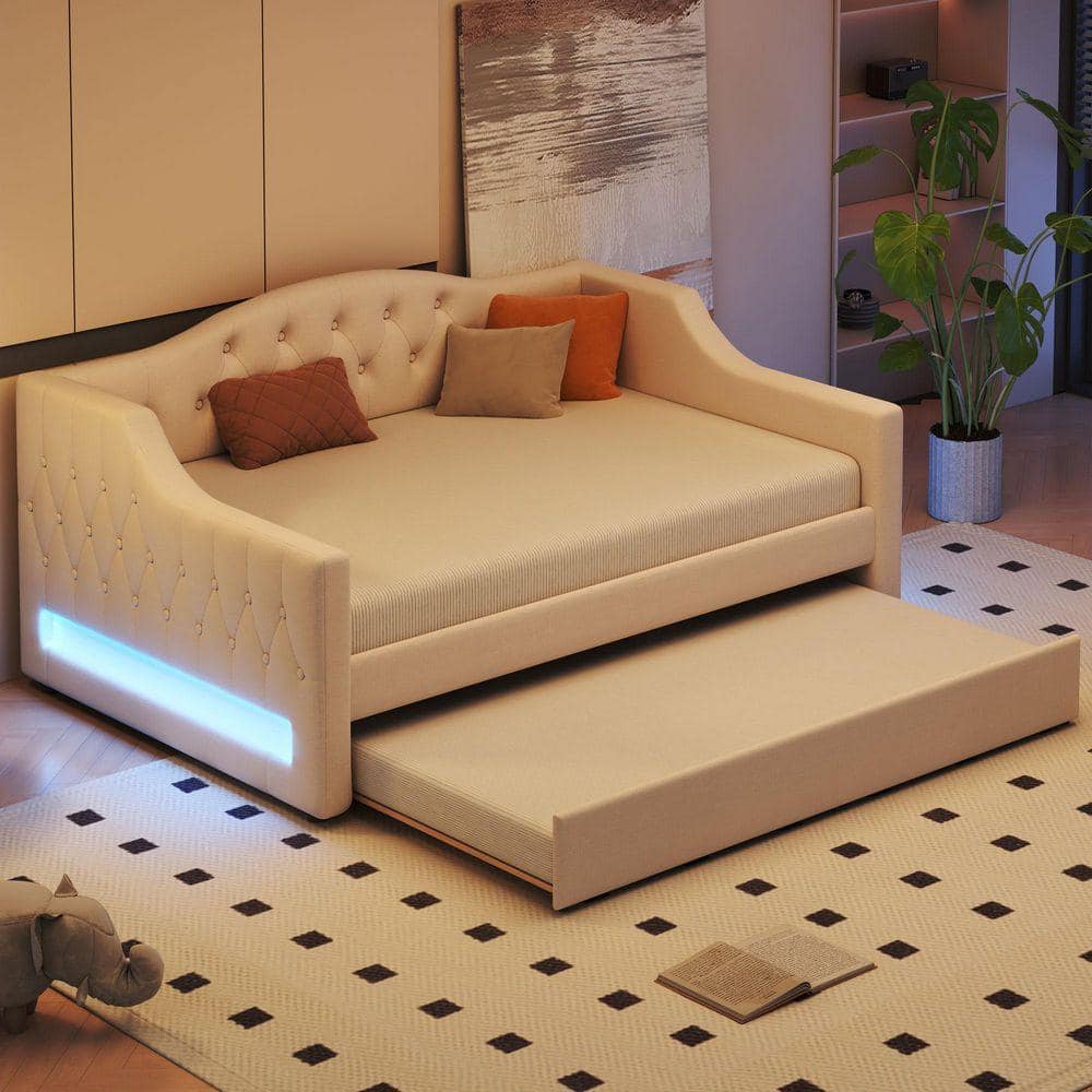 Beige Full XL Upholstered Daybed with LED Belt and Trundle