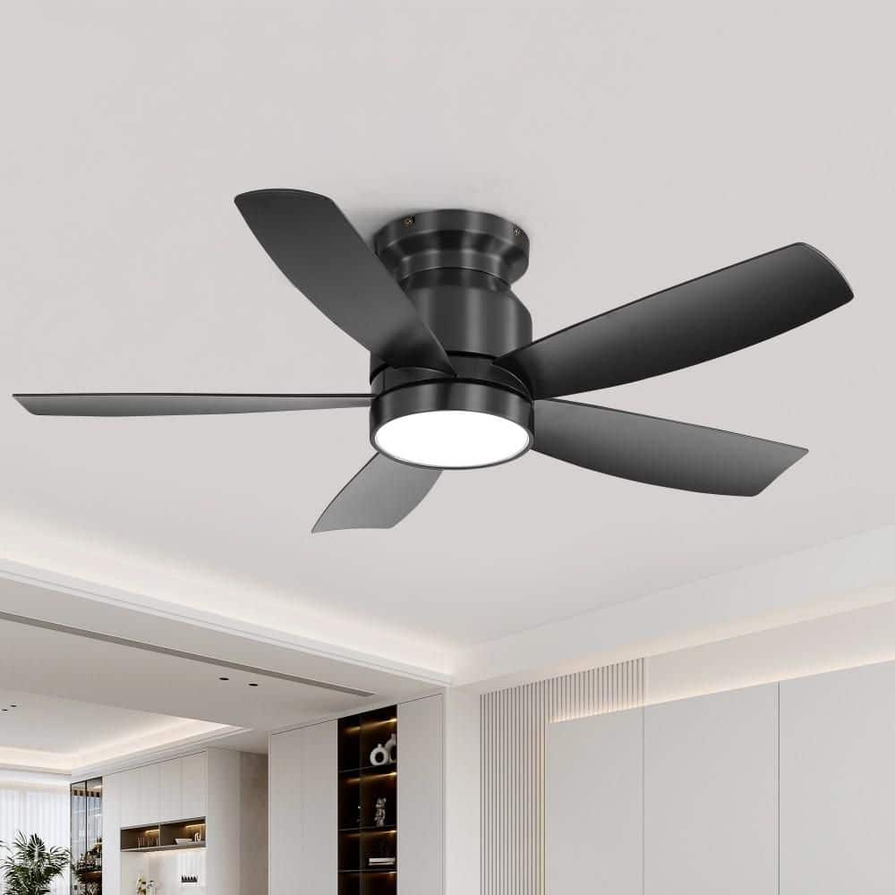 42 in. Black Flush Mount Ceiling Fan with Light and Remote, Ceiling Fan with 5 Solid Wood Blades for Bedroom Patio Cafe price history on PriceWatchPro