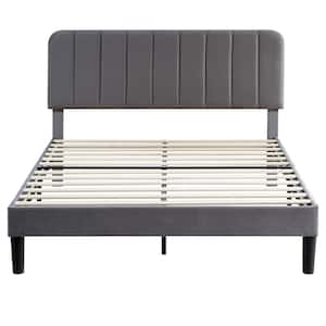 Upholstered Bed Frame Gray Metal Frame Queen Platform Bed with Adjustable Headboard, Strong Wooden Slats Support