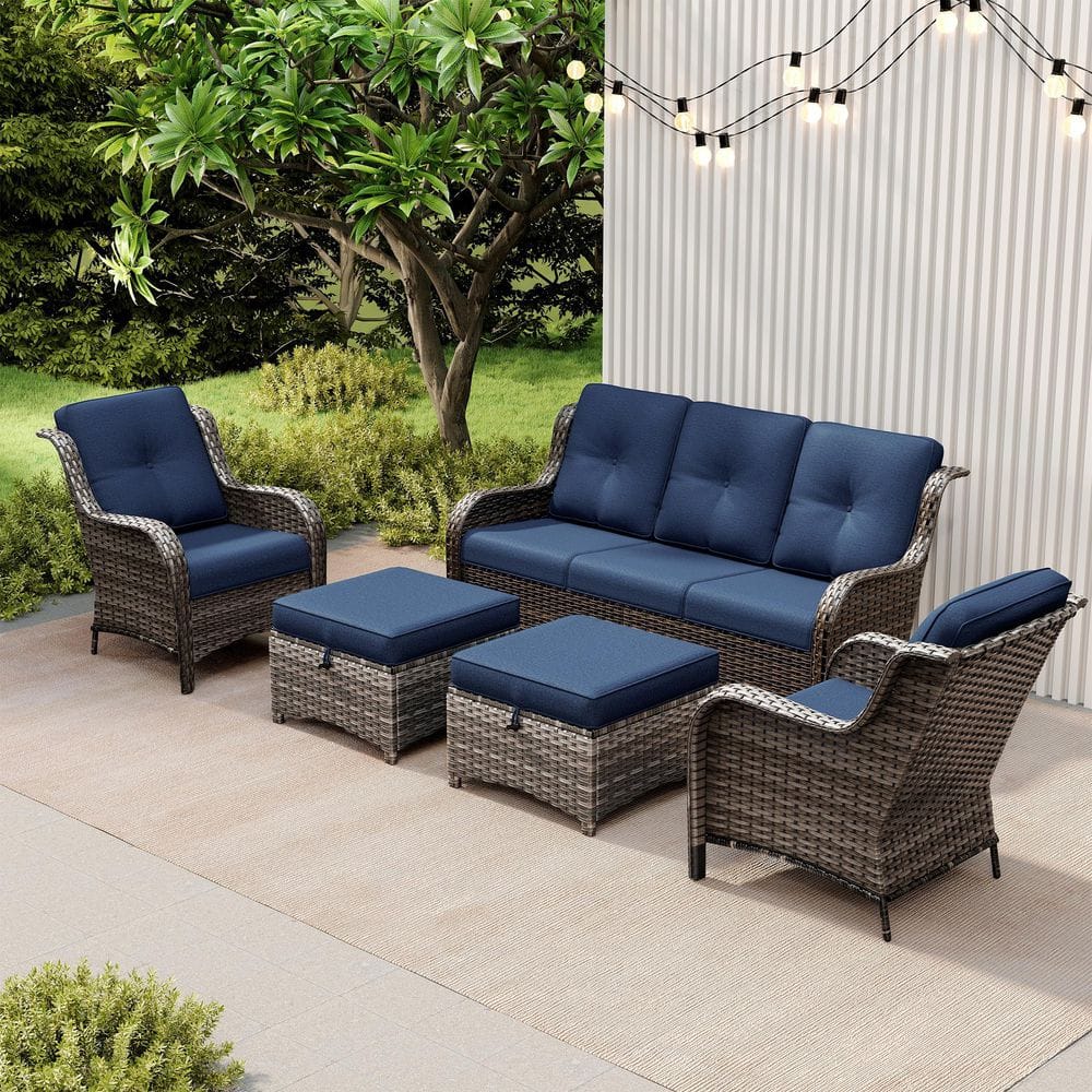 5-Piece Patio Conversation Set - Wicker Sofa, Chairs & Ottomans with Blue Cushions price history on PriceWatchPro