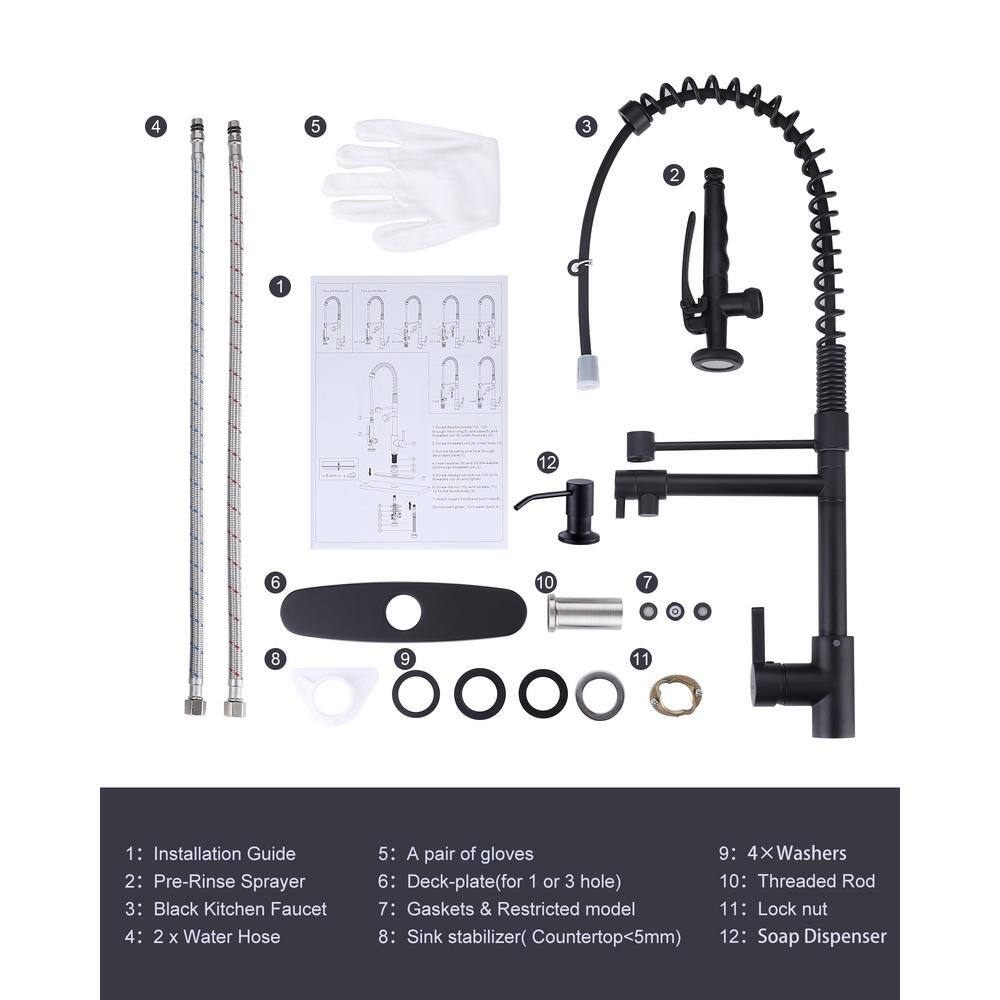 Matte Black Commercial Single-Handle Pull Down Kitchen Faucet with Soap Dispenser
