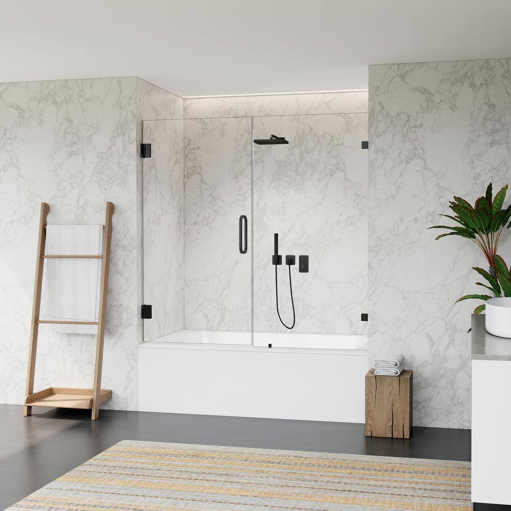 60" Matte Black Frameless Hinged Tub Door with Clear Glass