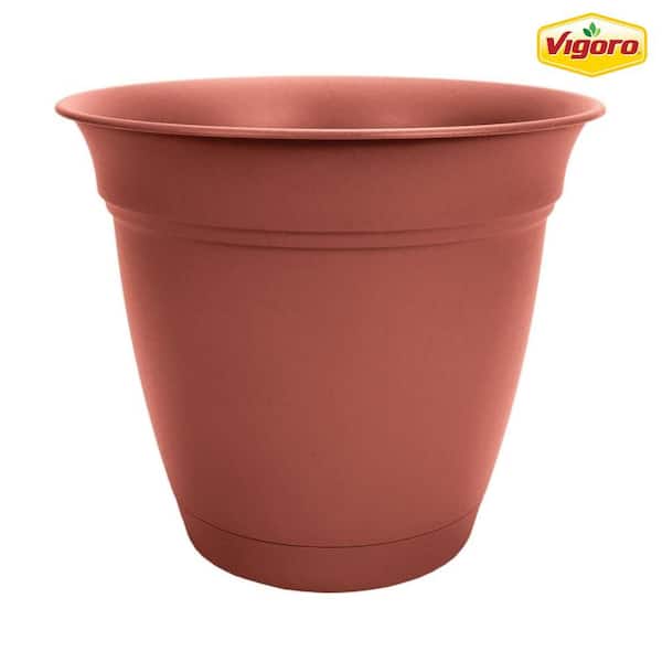 Vigoro 12 in. Mirabelle Medium Clay Plastic Pot (12 in. D x 10.5 in. H) with Drainage Hole and Attached Saucer