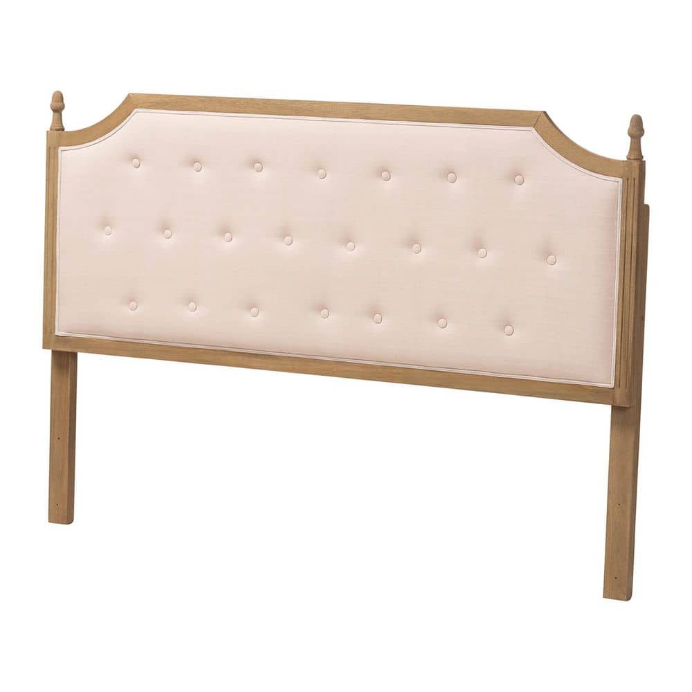 Lourdes Soft Beige Fabric and Weathered Oak Brown Wood Queen Upholstered Headboard