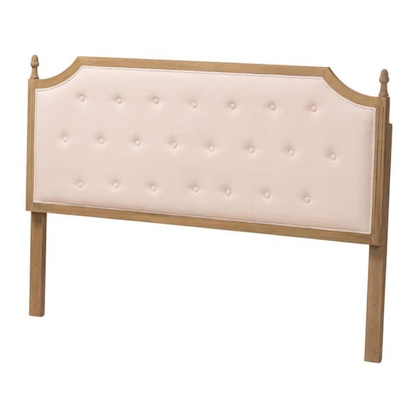 Lourdes Soft Beige Fabric and Weathered Oak Brown Wood Queen Upholstered Headboard