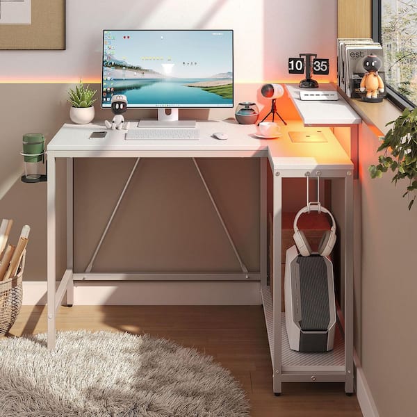 42 in. L-Shaped Gray Carbon Fiber Reversible Gaming Desk LED Computer Desk with Storage Monitor Stand and Headset Hooks