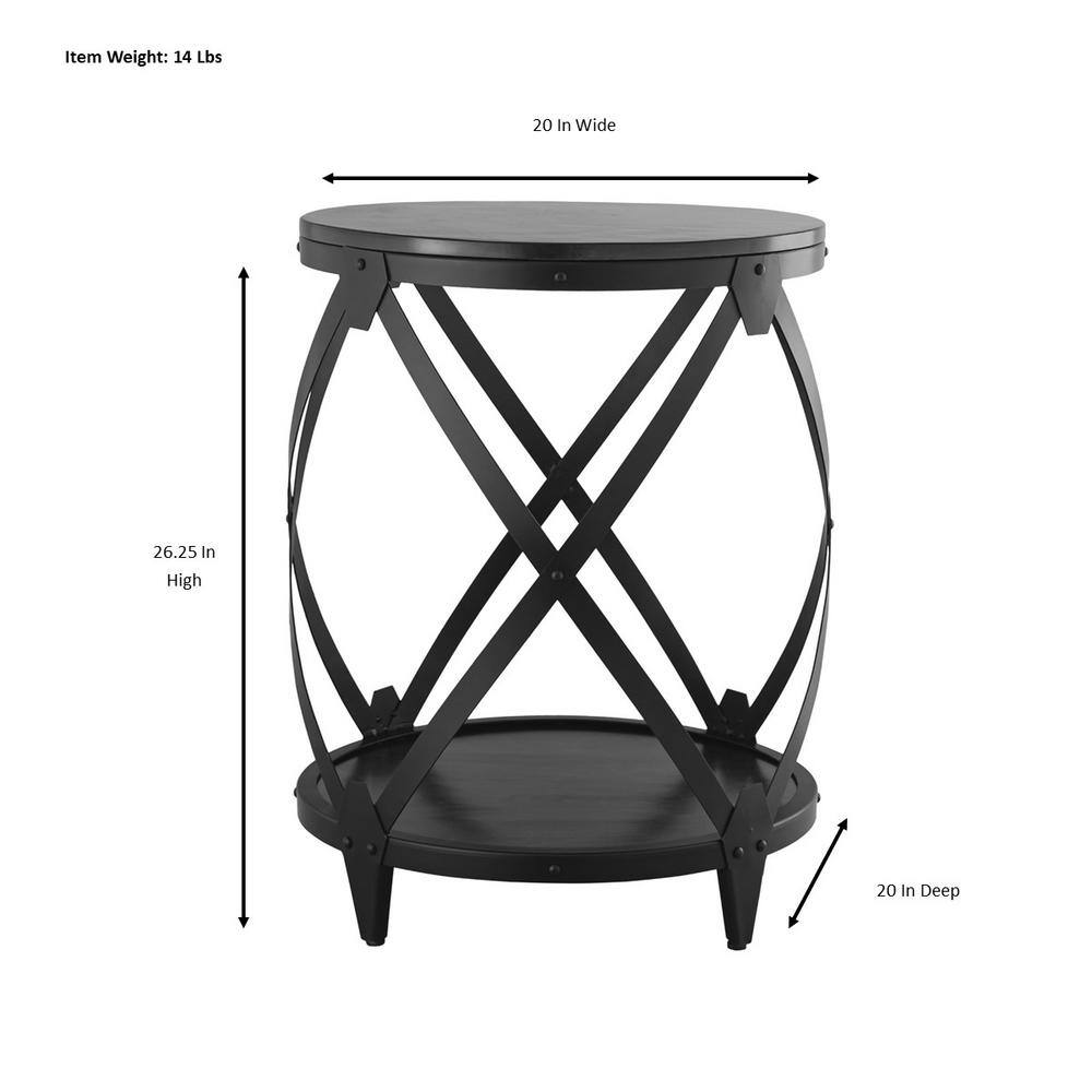 Flared Chestnut & Black Metal Drum End Table with Shelf