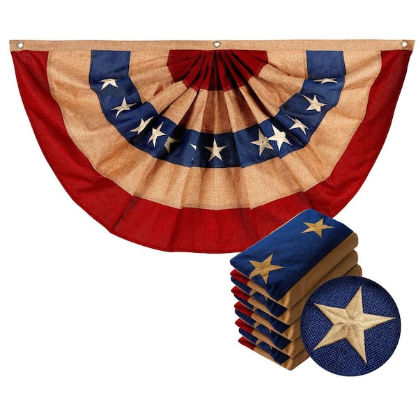 3 ft. x 6 ft. Embroidered Burlap USA Tea Stained Pleated Fan Flag with Canvas Header Brass Grommets (5-Pack)