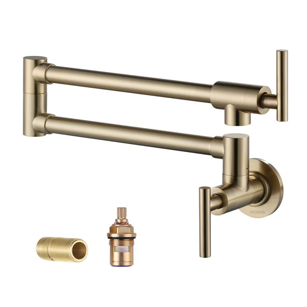 Wowow Contemporary Wall Mount Pot Filler Faucet With Double Joint Swing Arm In Matte Gold 8297