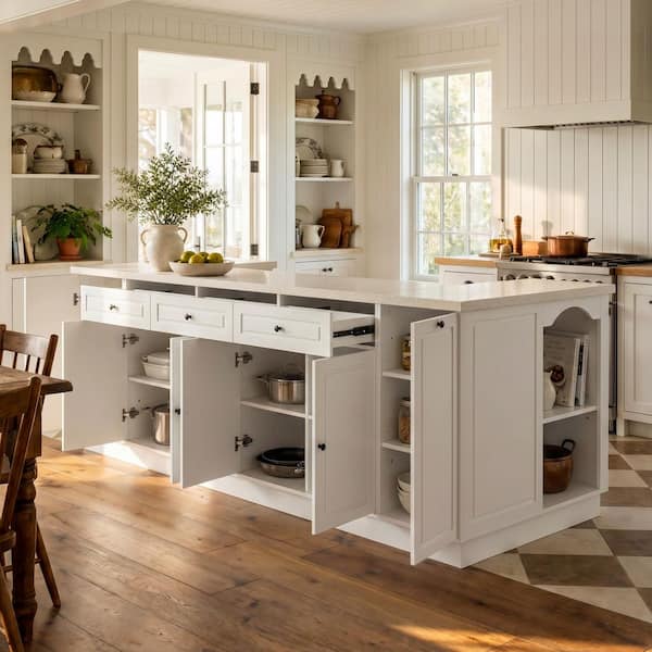 White Wood 94.4 in. Kitchen Island with 4-Storage Cabinets, 6-Drawers and 2-Open Side Shelves for Everyday Kitchen Use