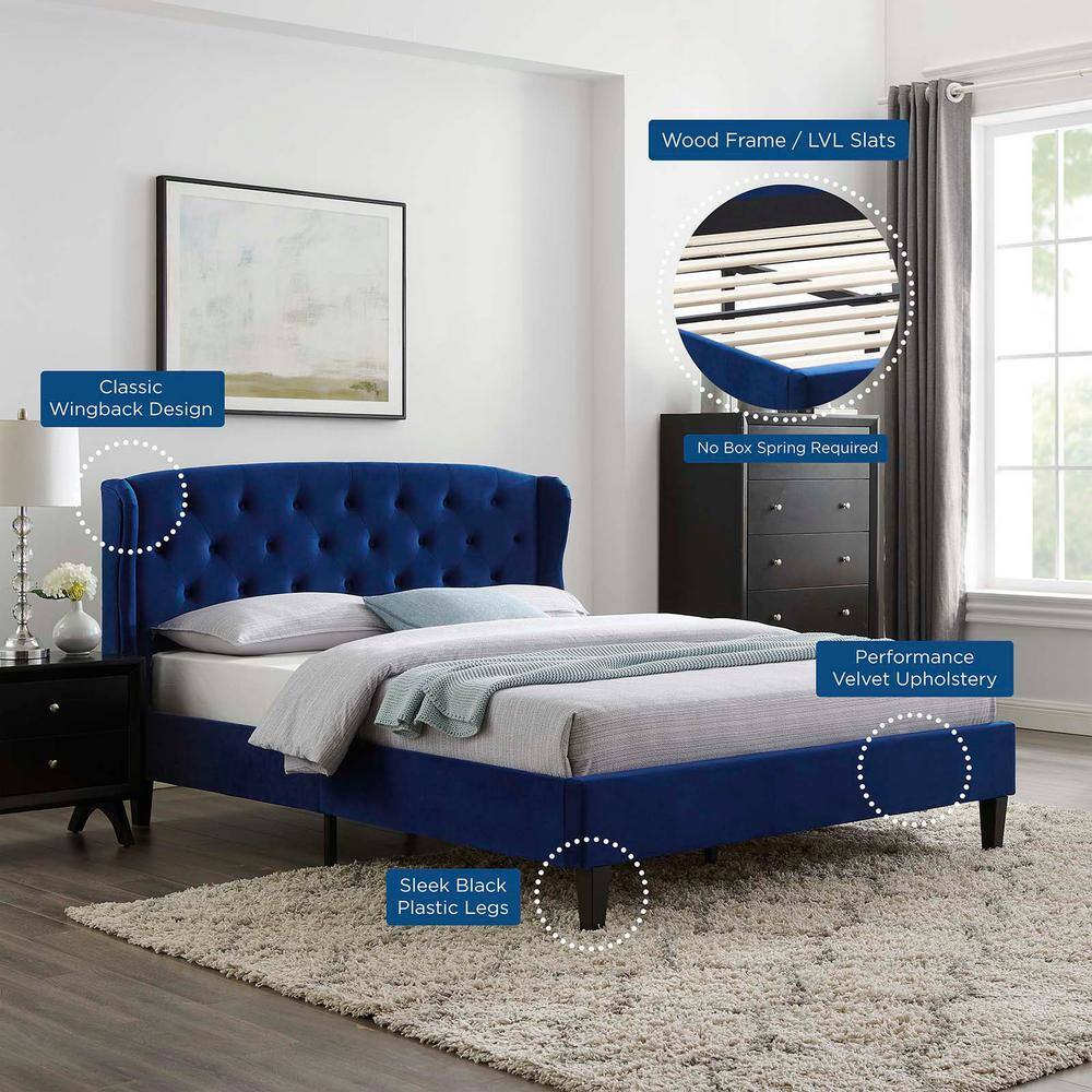 Navy Velvet Tufted Upholstered Queen Bed with Wood Frame