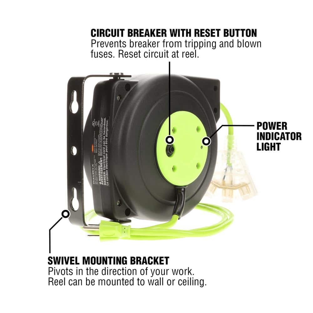 Flexzilla 25 ft. Retractable Extension Cord Reel with Lighted Triple Tap