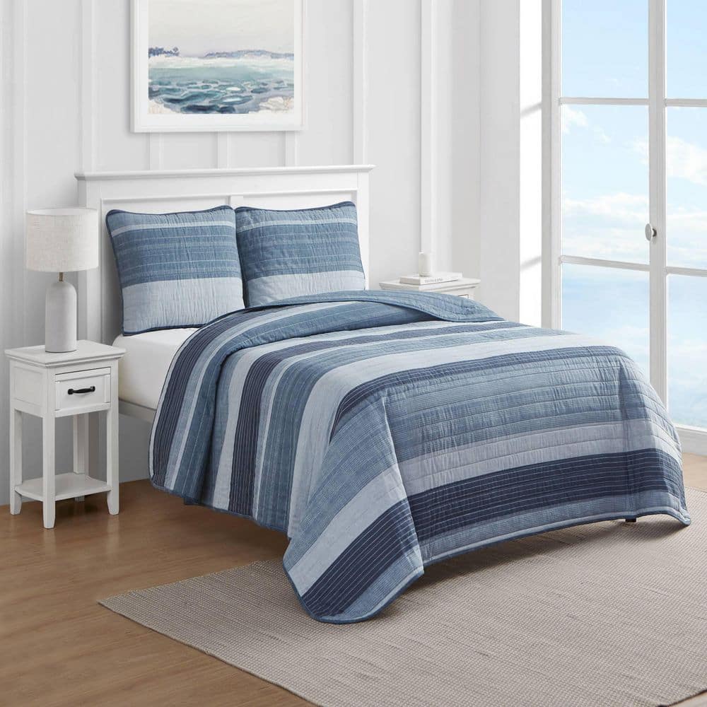 Classic Blue Cotton Reversible Full Quilt Set