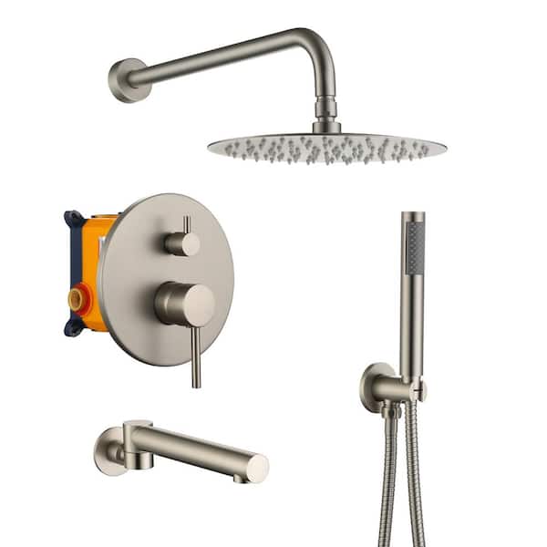 Dimakai 3-Spray 10 in. Round Wall Mounted Fixed and Handheld Shower Head 1.8 GPM in Brushed Nickle