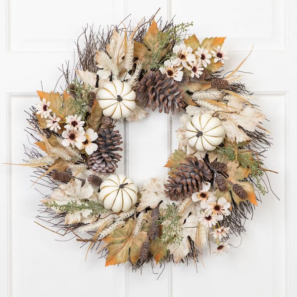 24 in. Brown Unlit Pumpkin Wheat and Pinecone Floral Fall Artificial Harvest Wreath
