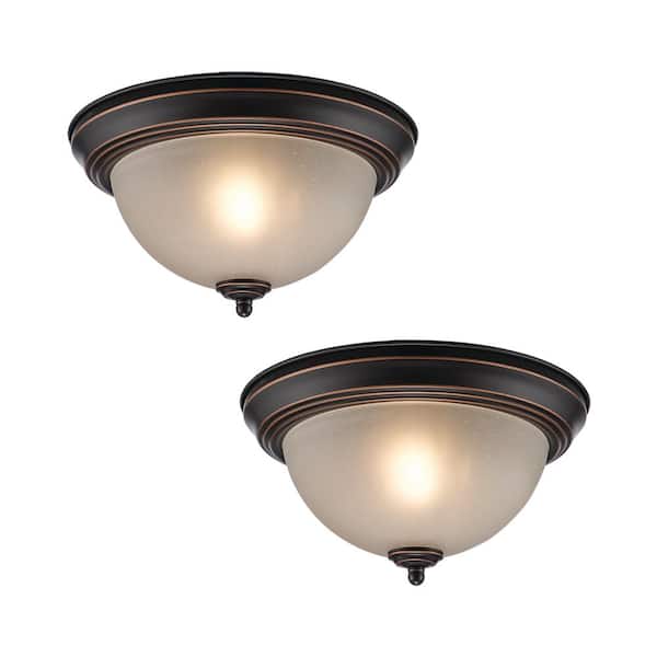 PRIVATE BRAND UNBRANDED 11.25 in. 1-Light Oil Rubbed Bronze Flush Mount Ceiling Light with Tea Stained Glass Shade (2-Pack)