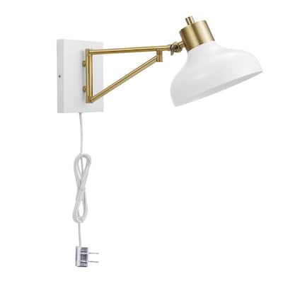 Berkeley 1-Light White and Brass Plug-In or Hardwire Swing Arm Wall Sconce