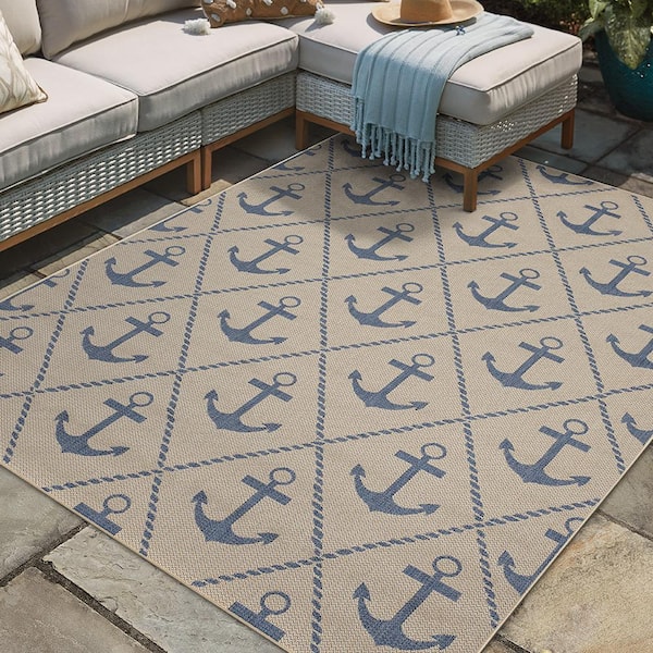 Flatweave Royal Blue Anchor 10 ft. x 13 ft. Indoor/Outdoor Area Rug