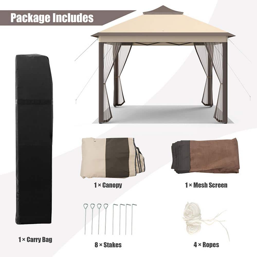 Beige and Brown 11'x11' 2-Tier Pop-Up Gazebo Tent with Mesh