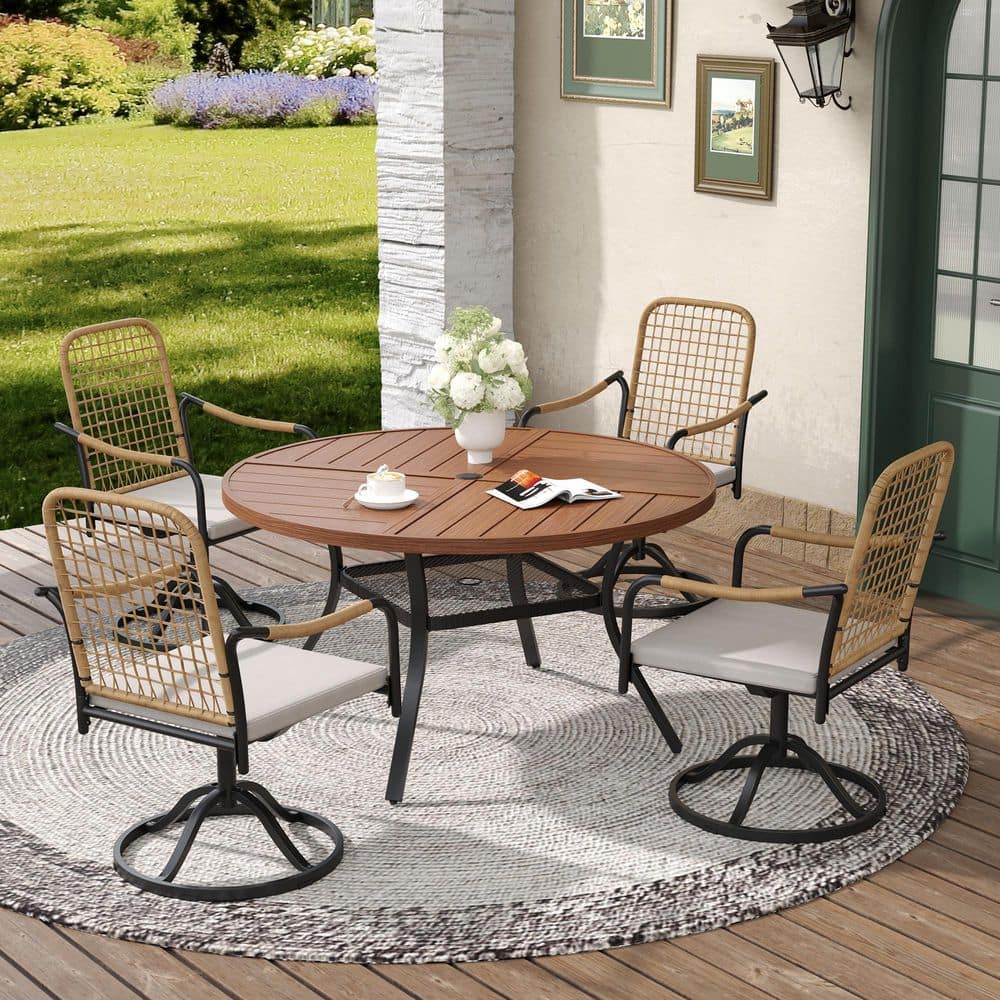 5-Piece Metal Outdoor Dining Set with 47.2 in. Walnut Round Table and 4 Swivel Wicker Chairs with Beige Cushions price history on PriceWatchPro