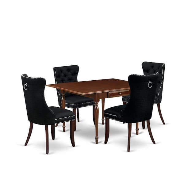 East West Furniture 5-Piece Mahogany Finish Solid Wood Top - Rectangular Upholstered Dining Room Set with Dropleaf - Seats 4