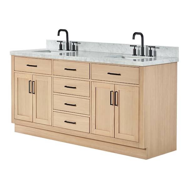 Hepburn 72 in. Double Sink Freestanding Bathroom Vanity in Oak with Carrara White Marble Top