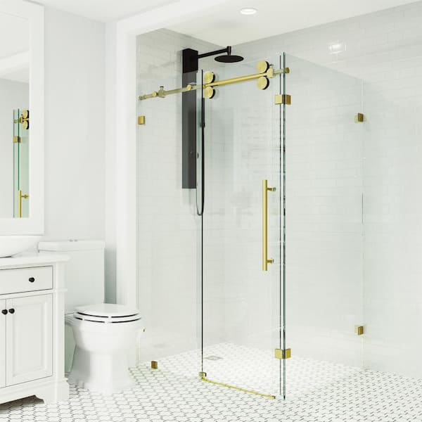 VIGO Winslow 35 in. L x 46 in. W x 74 in. H Frameless Sliding Shower Enclosure in Matte Brushed Gold with Clear Glass