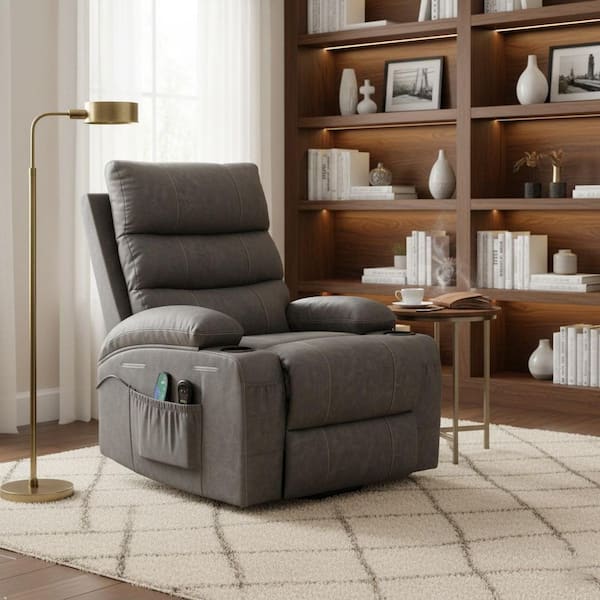 GJKNJB 36.2 in. Pillow Top Arm Faux Leather Rectangle Sofa w/ Massage and Heat and Power Lift Recliner in Charcoal Grey