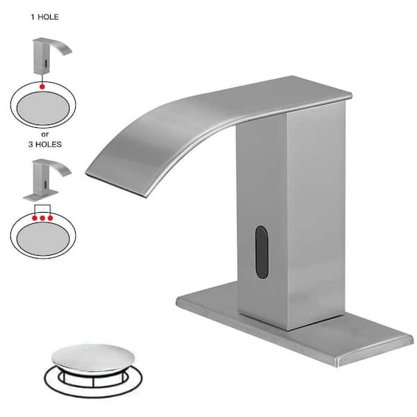 BWE Battery Powered Touchless Single Hole Bathroom Faucet Motion Sensor Deck Mount With Drain Kit In Brushed Nickel