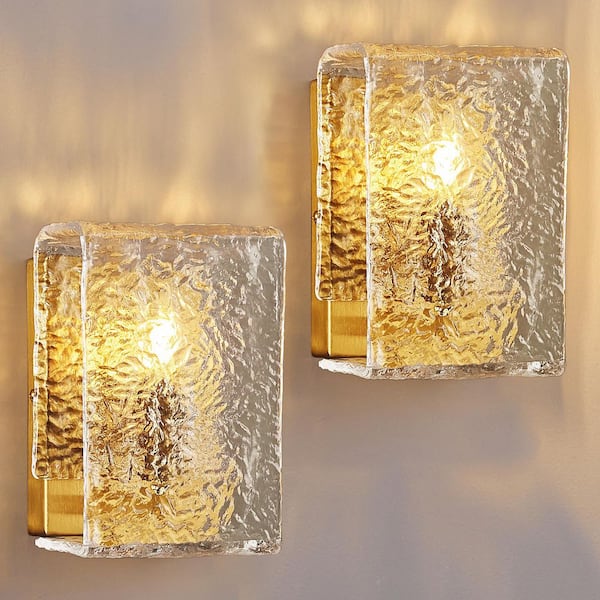 Home Lighting 4.92 in. 1-Light Gold Modern Set of Two with Water Rippled Glass Shades Square Wall Sconce for Bedroom
