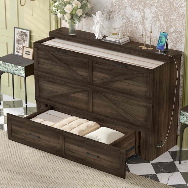 Gray Wood Frame Queen Size Murphy Bed with Charging Station, Large Storage Drawer