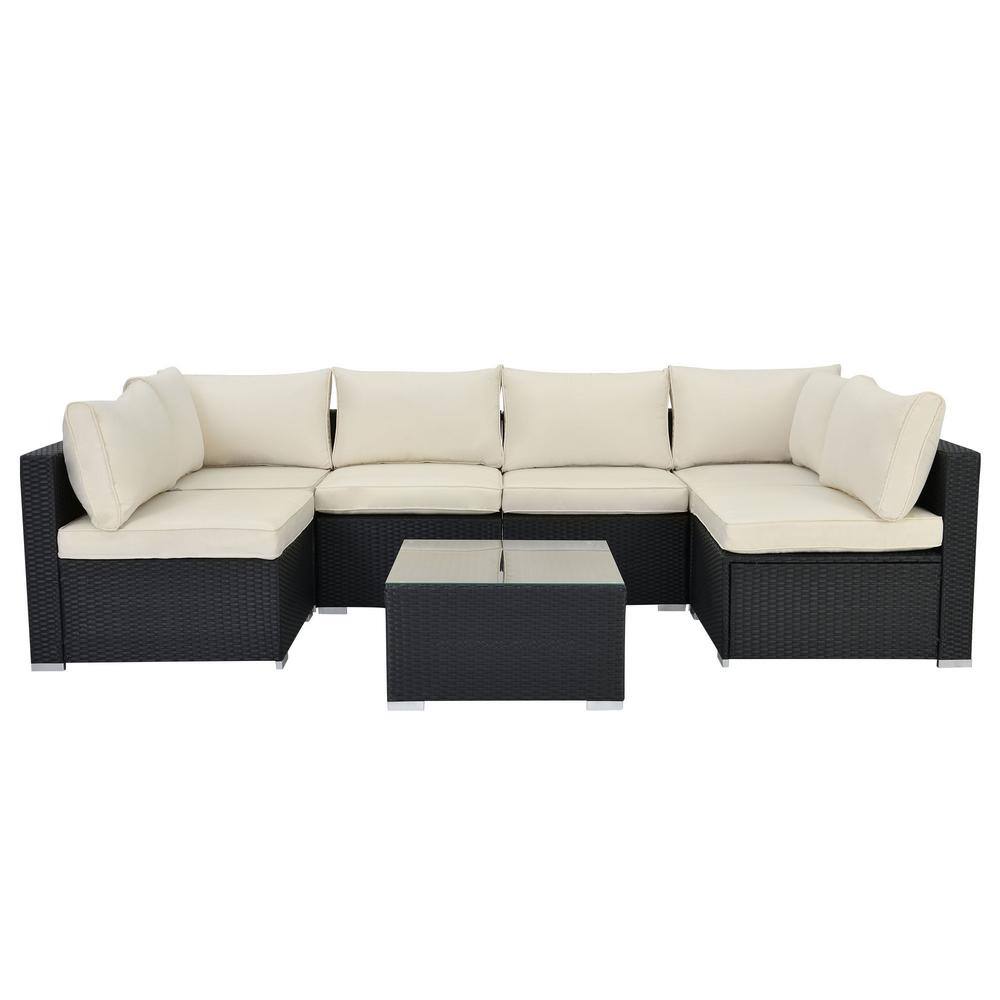 7-Piece Black Wicker Outdoor Sectional Sofa Set with Beige Cushions and Ott