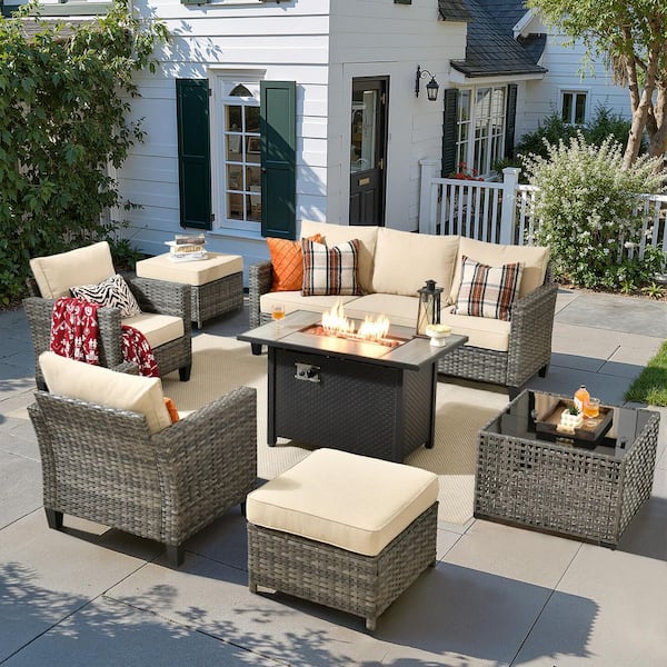 New Vultros Gray 7-Piece Wicker Patio Fire Pit Table Conversation Set with Beige Cushions and Solar LED Coffee Table