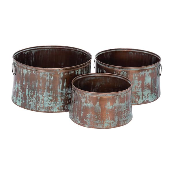 Litton Lane 11 in., 11 in., and 9 in. Medium Copper Metal Planter with Patina Distressing (3- Pack)
