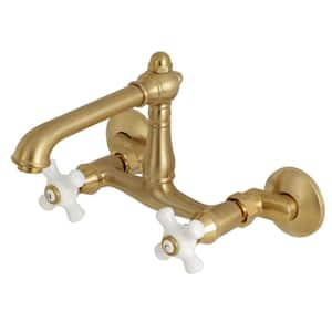 English Country 2-Handle Wall-Mount Standard Kitchen Faucet in Brushed Brass