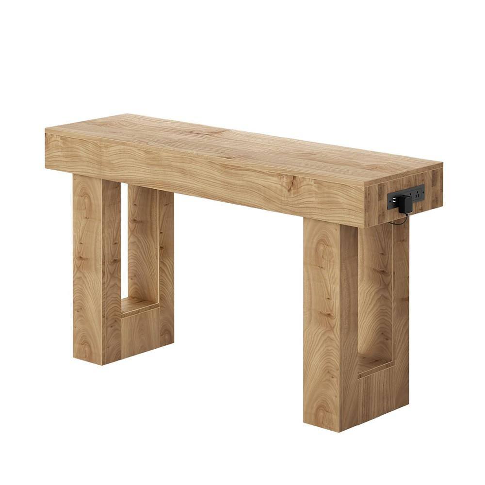 Farmhouse 47 in. Natural Oak Narrow Console Table with Socket, Sensor Light and Open Storage