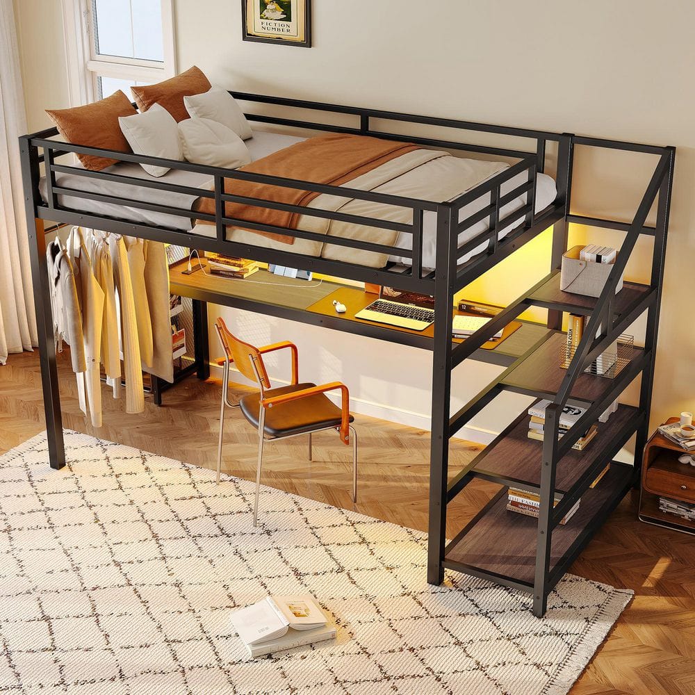 Black Twin XL Wood/Metal Loft Bed with Desk and Storage Stairs, Led Lights price history on PriceWatchPro