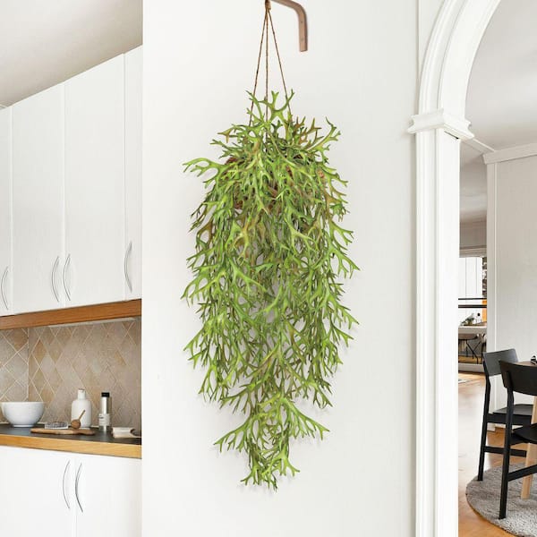 32 in. Green Brown Artificial Staghorn Hanging Plant Greenery Foliage Bush (Set of 2)