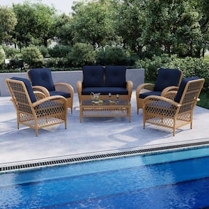 6-Piece Wicker Patio Conversation Set Outdoor Chair Set with Loveseat and Coffee Table, Navy Blue Cushions