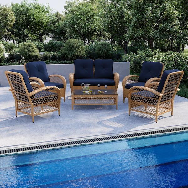 UPHA 6-Piece Wicker Patio Conversation Set Outdoor Chair Set with Loveseat and Coffee Table, Navy Blue Cushions