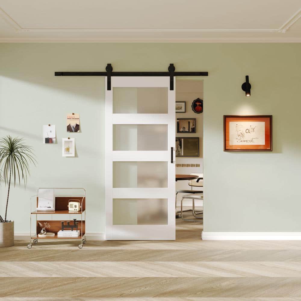 White 36" x 84" 4-Lite Frosted Glass Sliding Barn Door Kit