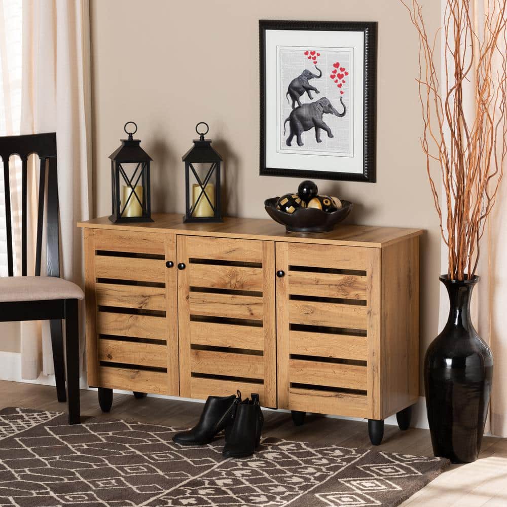 Gisela Oak Brown Wood 3-Door Shoe Storage Cabinet