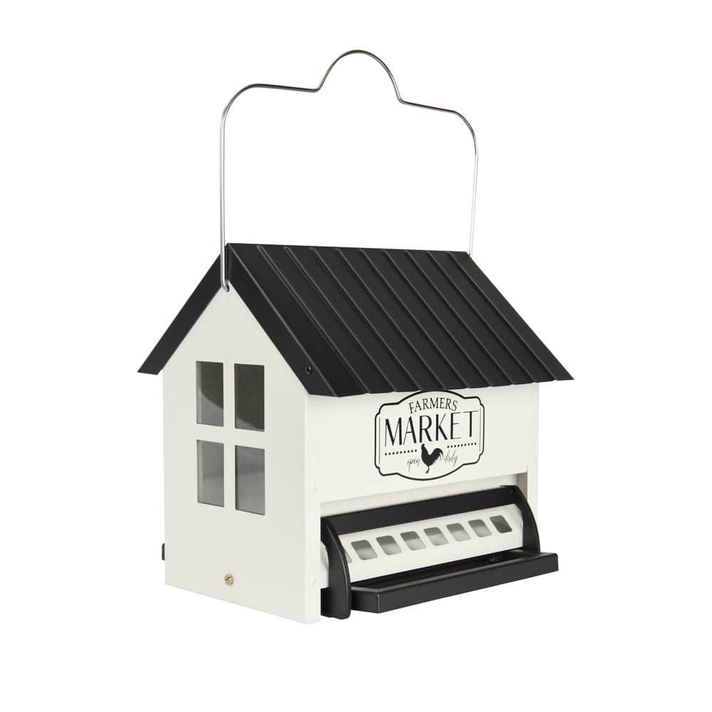 White and Black Metal Squirrel Resistant Hanging Hopper Feeder
