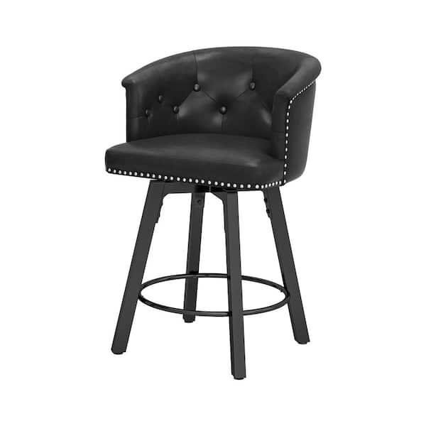 36.22 in. QUINN Black Faux Leather Metal Base High-Back Upholstered Counter Height Swivel Bar Stool Set of 2