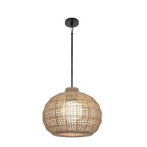 Markis 17 in. 1-Light Brown Dimmable Outdoor Pendant Light with Khaki Rope Shade