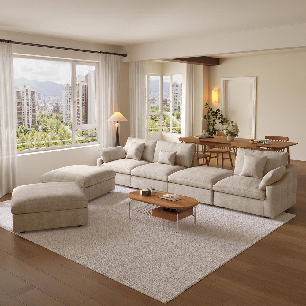 Brown Sectional Sofa 6-Piece Linen Feather Modular Free Combination Living Room Set with Ottomans, Removeble Covers