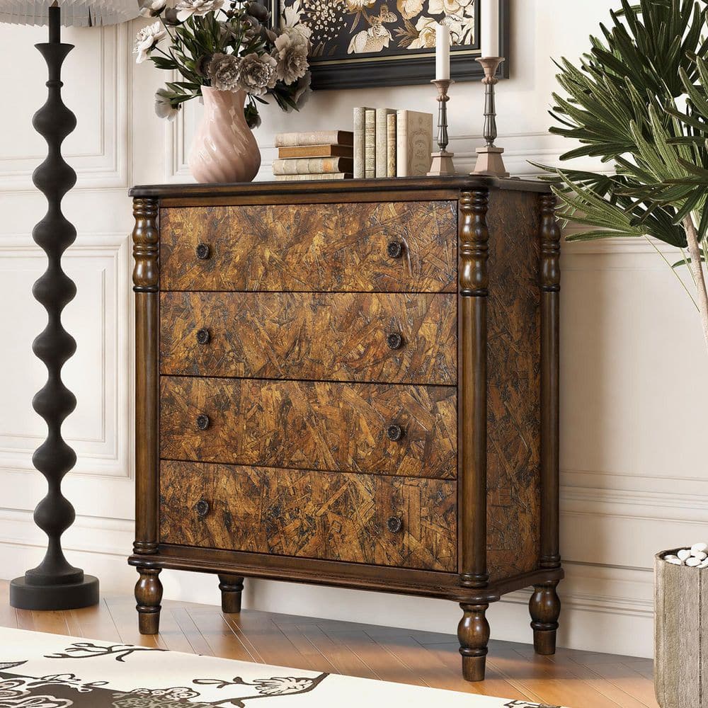 Farmhouse Brown 4 Drawer 29 in. Wide Dresser with Storage Cabinet, Chest of Drawers, Walnut