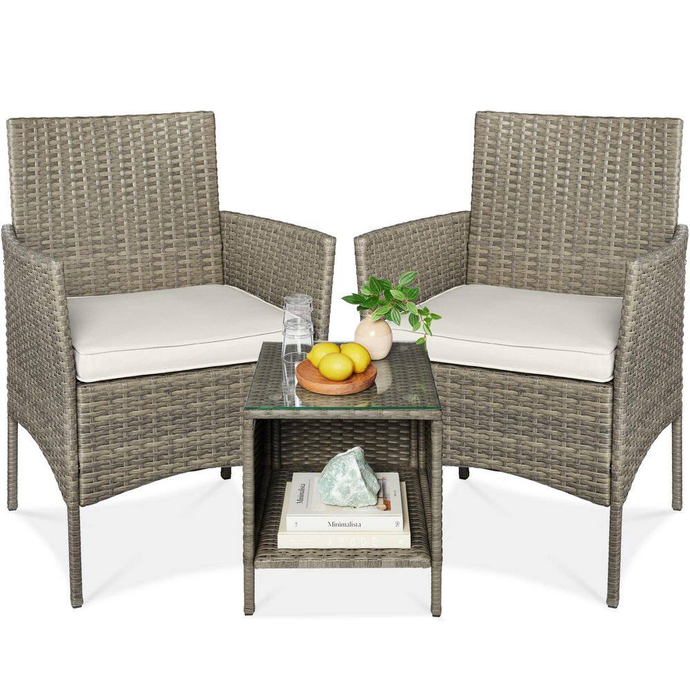 3-Piece Outdoor Wicker Conversation Patio Outdoor Bistro Set, with 2 Chairs, Table, Cushions-Taupe/White Sand price history on PriceWatchPro